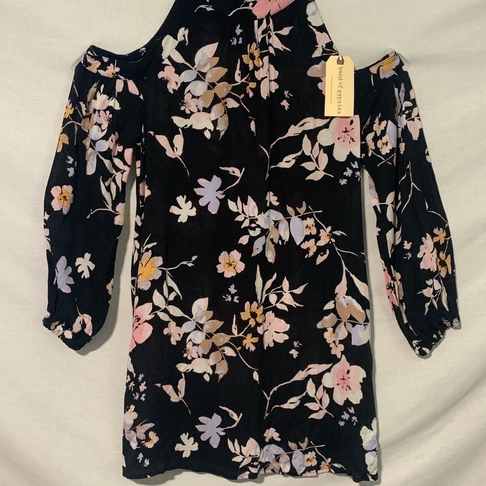 Anthropologie Band of Gypsies Women Small Cold Shoulder Black Floral Dress NEW - Picture 5 of 7